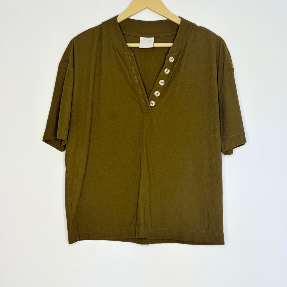 Varley Kasey Mock Placket Rib Tee Women Medium Brown Henley Short Sleeve Top